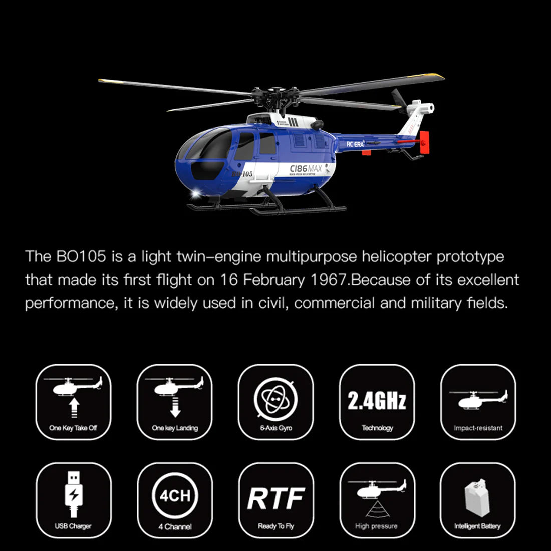 RC ERA C186 MAX BO-105 GYRO STABILIZED HELICOPTER - RTF