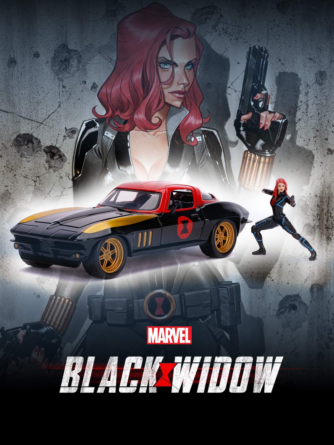 JADA TOYS DIECAST HOLLYWOOD RIDES 1:24 1966 CHEVY CORVETTE CAR WITH BLACK WIDOW ACTION