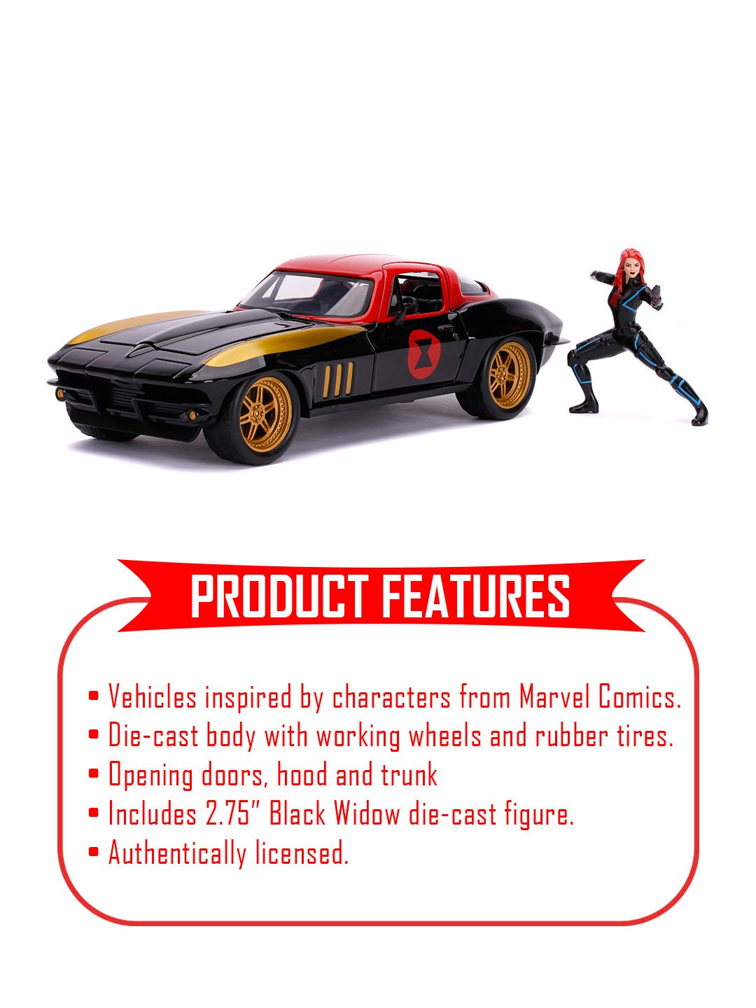 JADA TOYS DIECAST HOLLYWOOD RIDES 1:24 1966 CHEVY CORVETTE CAR WITH BLACK WIDOW ACTION