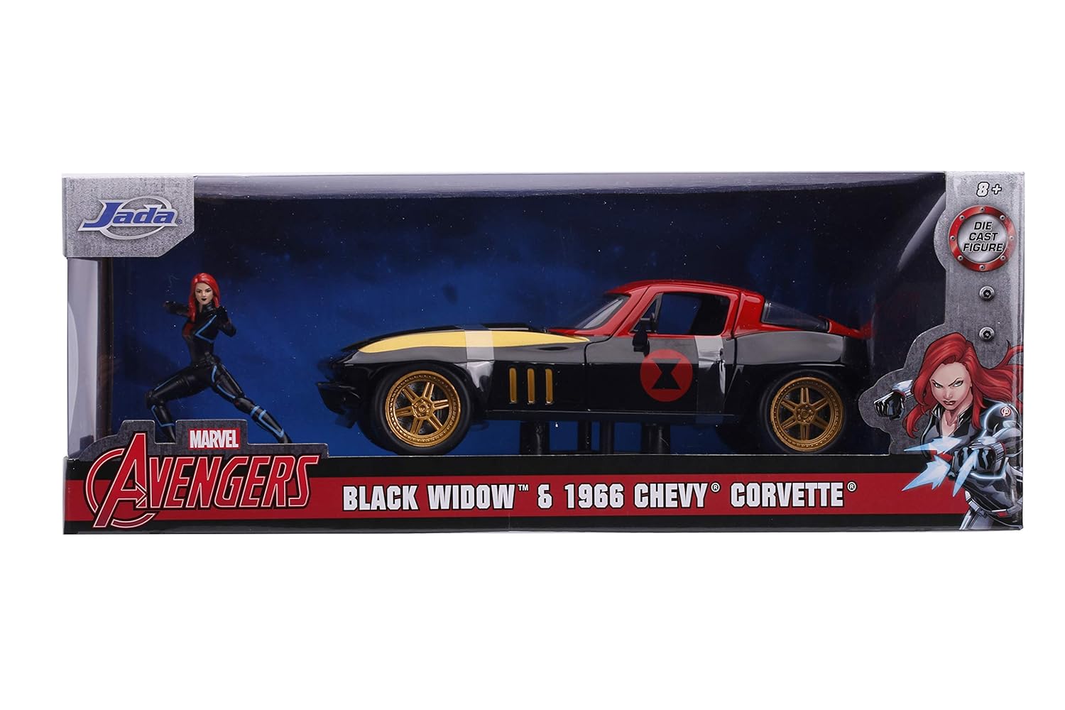 JADA TOYS DIECAST HOLLYWOOD RIDES 1:24 1966 CHEVY CORVETTE CAR WITH BLACK WIDOW ACTION