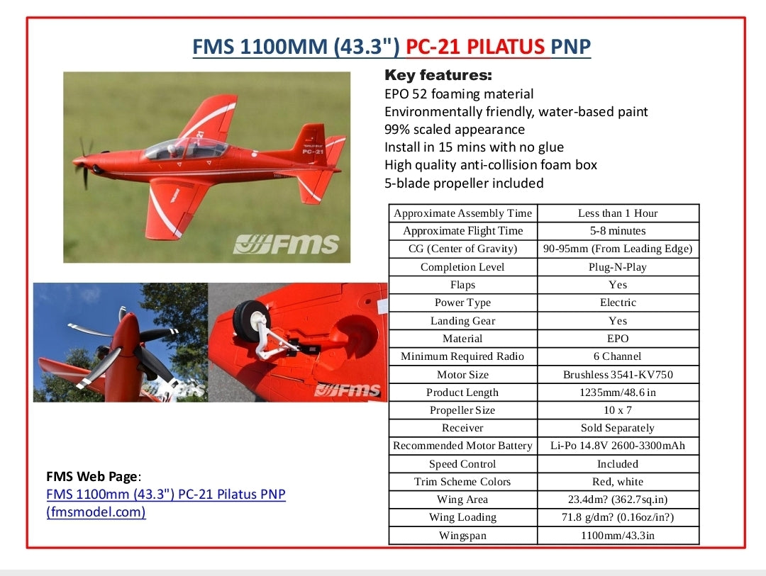 Fms 1100Mm (43.3") Pc-21 Pilatus Pnp
