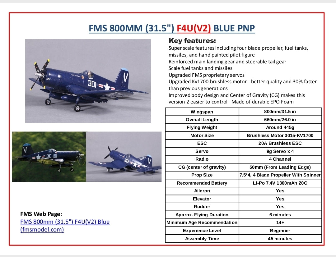 Fms 800Mm(31.5") F4U(V2) Blue Pnp