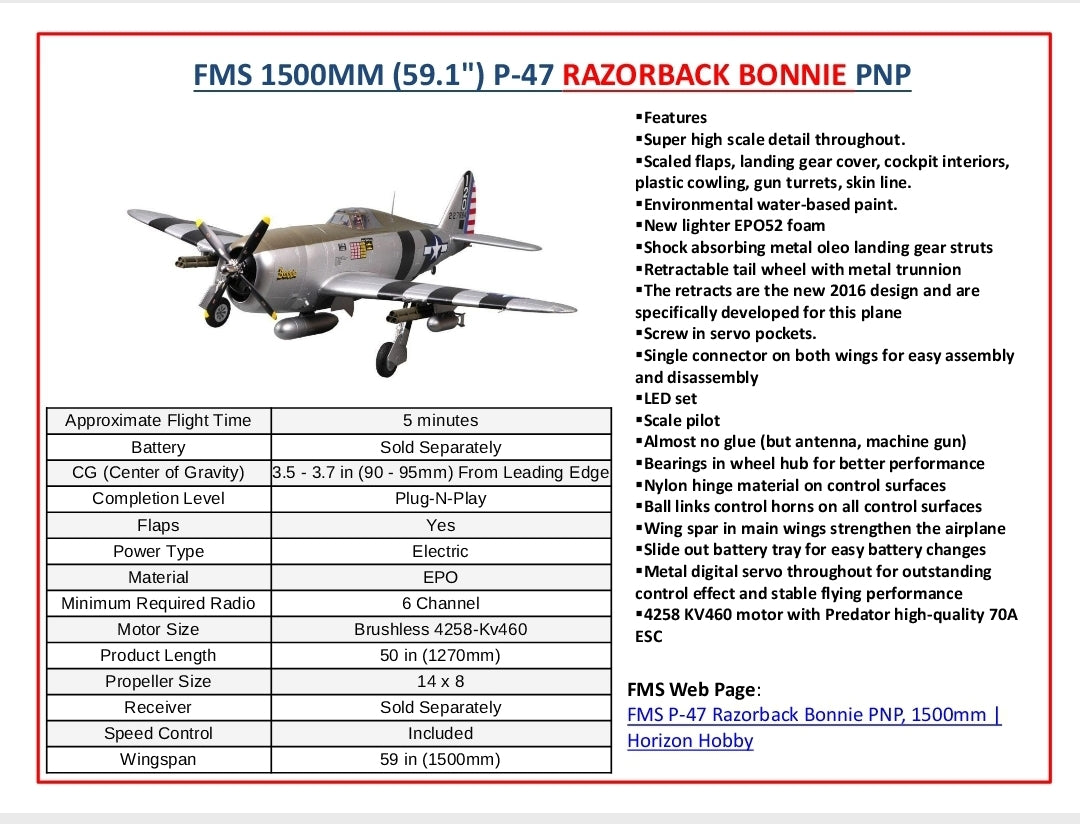Fms 1500Mm (59.1") P-47 Razorback Bonnie Pnp