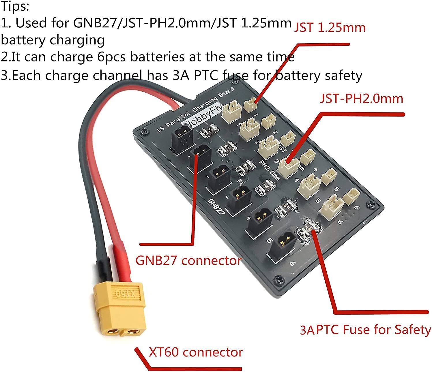HobbyFly GNB27 and JST-PH 2.0 Connector 1S Lipo Battery Balance Parallel Charging Board Charger Board 6 Channel
