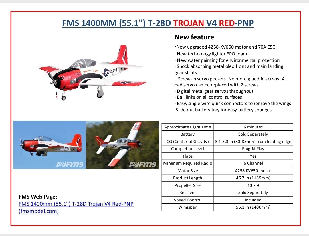 Fms 1400Mm(55.1") T-28D Trojan V4 Red-Pnp