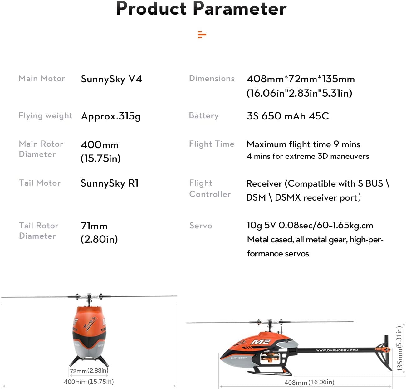 Omphobby M2 V2 Electric Helicopter BNF (Orange) 400mm