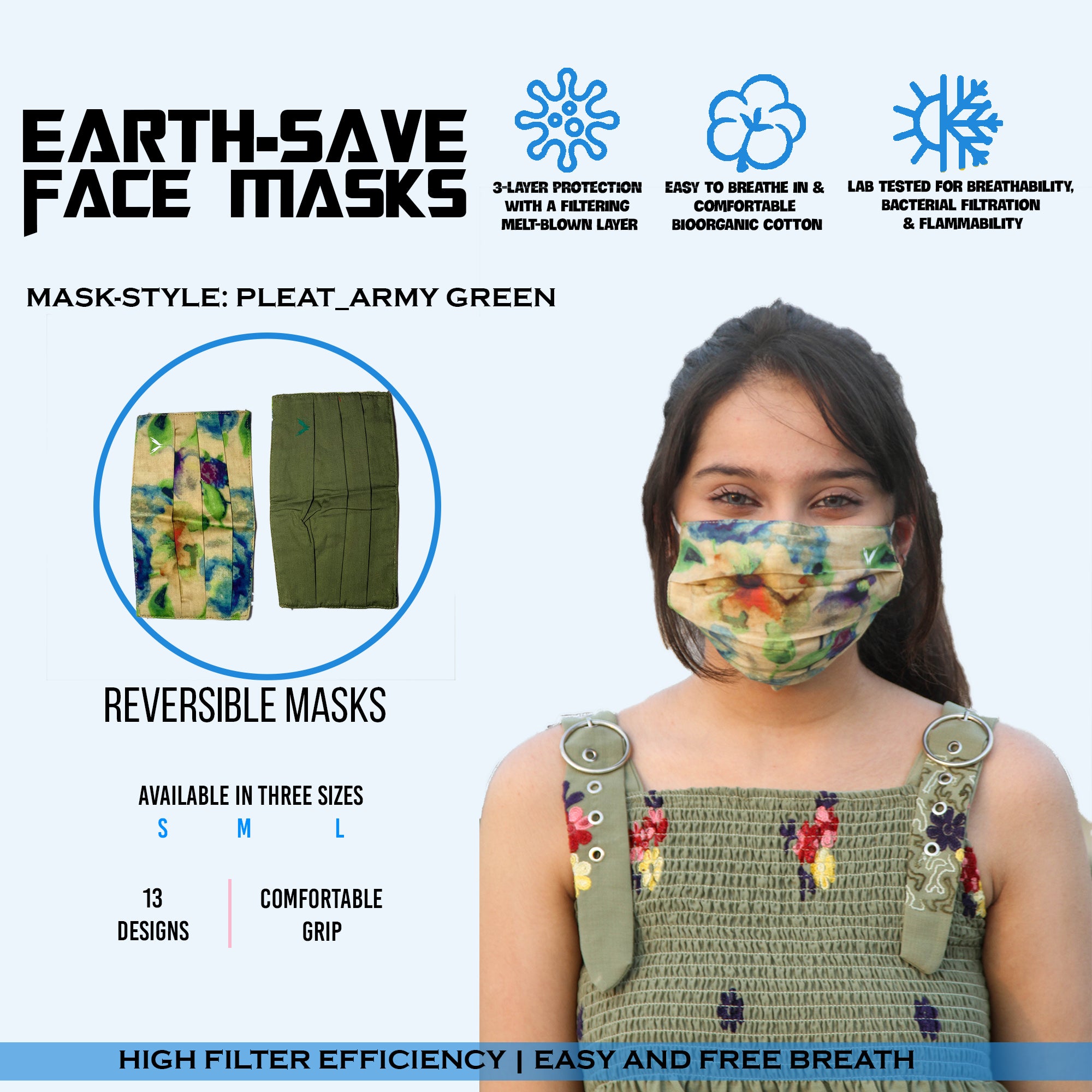 Earth Save 3Pleats Double Sided Face Mask Floral Army Green Light Large