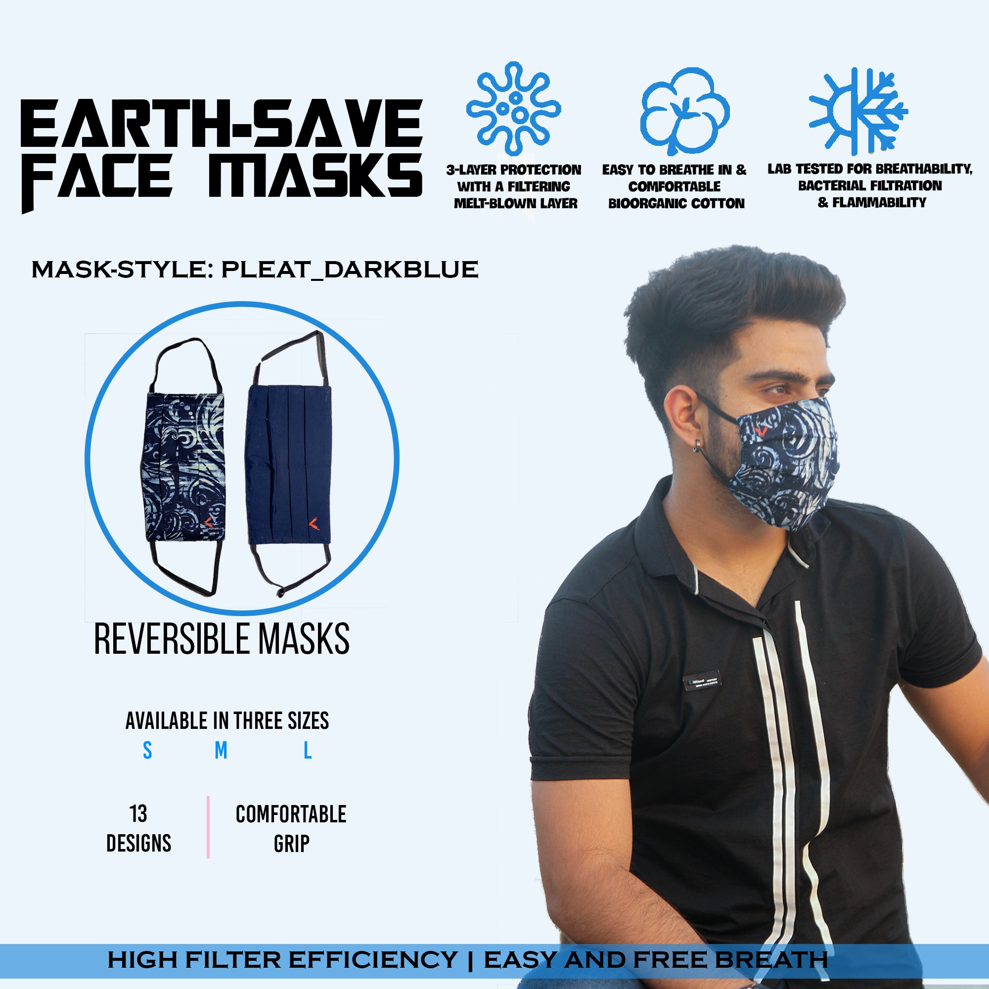 Earth Save 3Pleats Double Sided Face Mask Dark Blue Large