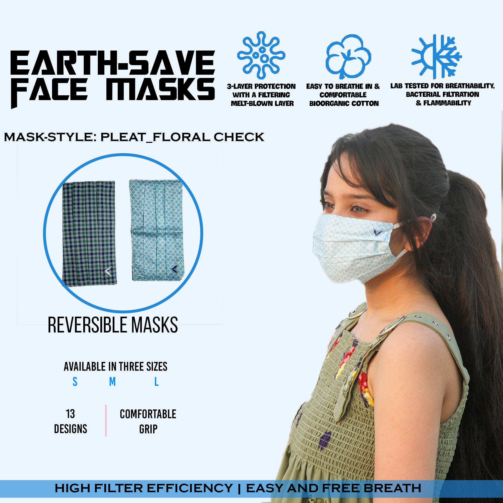 Earth Save 3Pleats Double Sided Face Mask Floral And Check Large