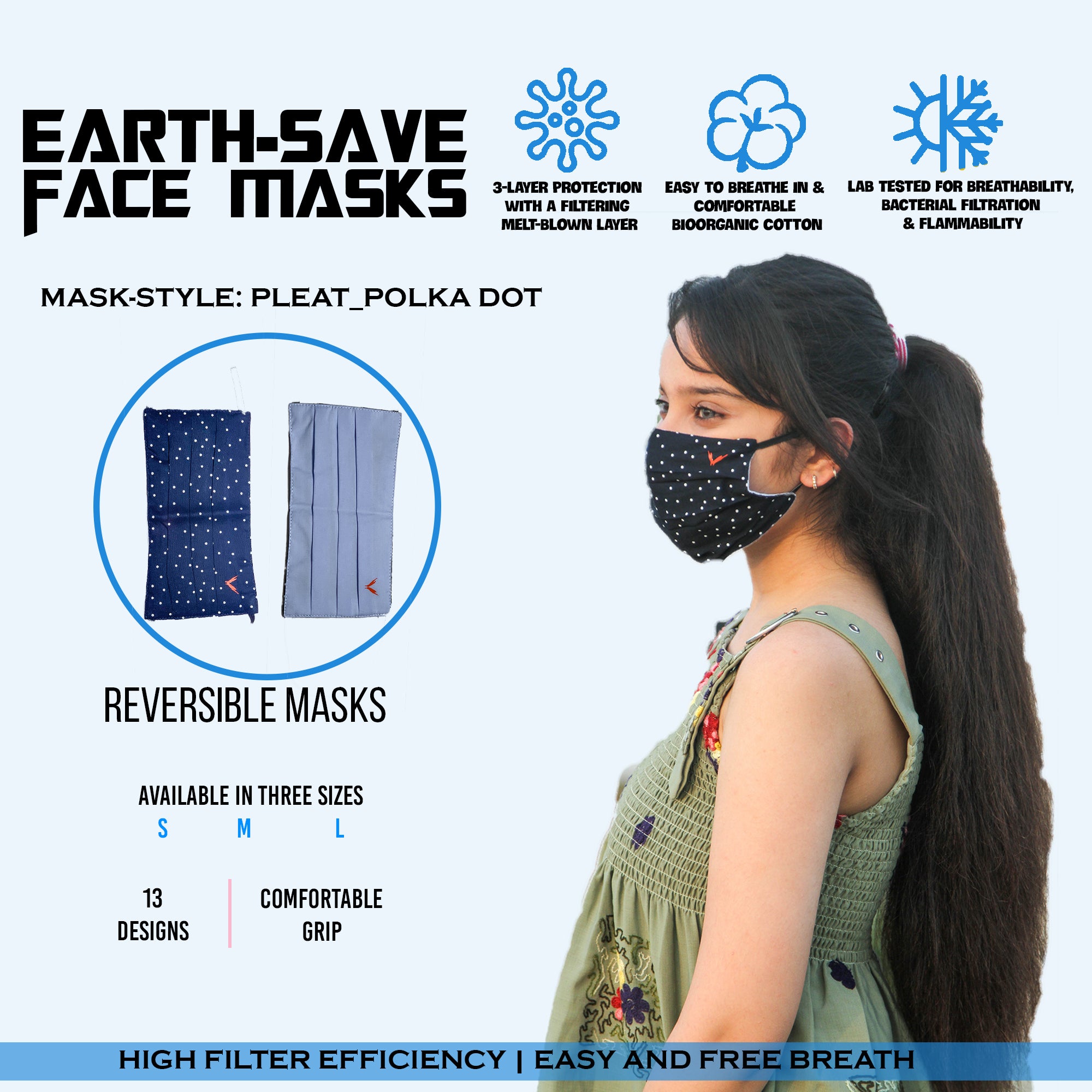 EARTH SAVE 3 PLEATS DOUBLE SIDED FACE MASK POLKADOT BLUE