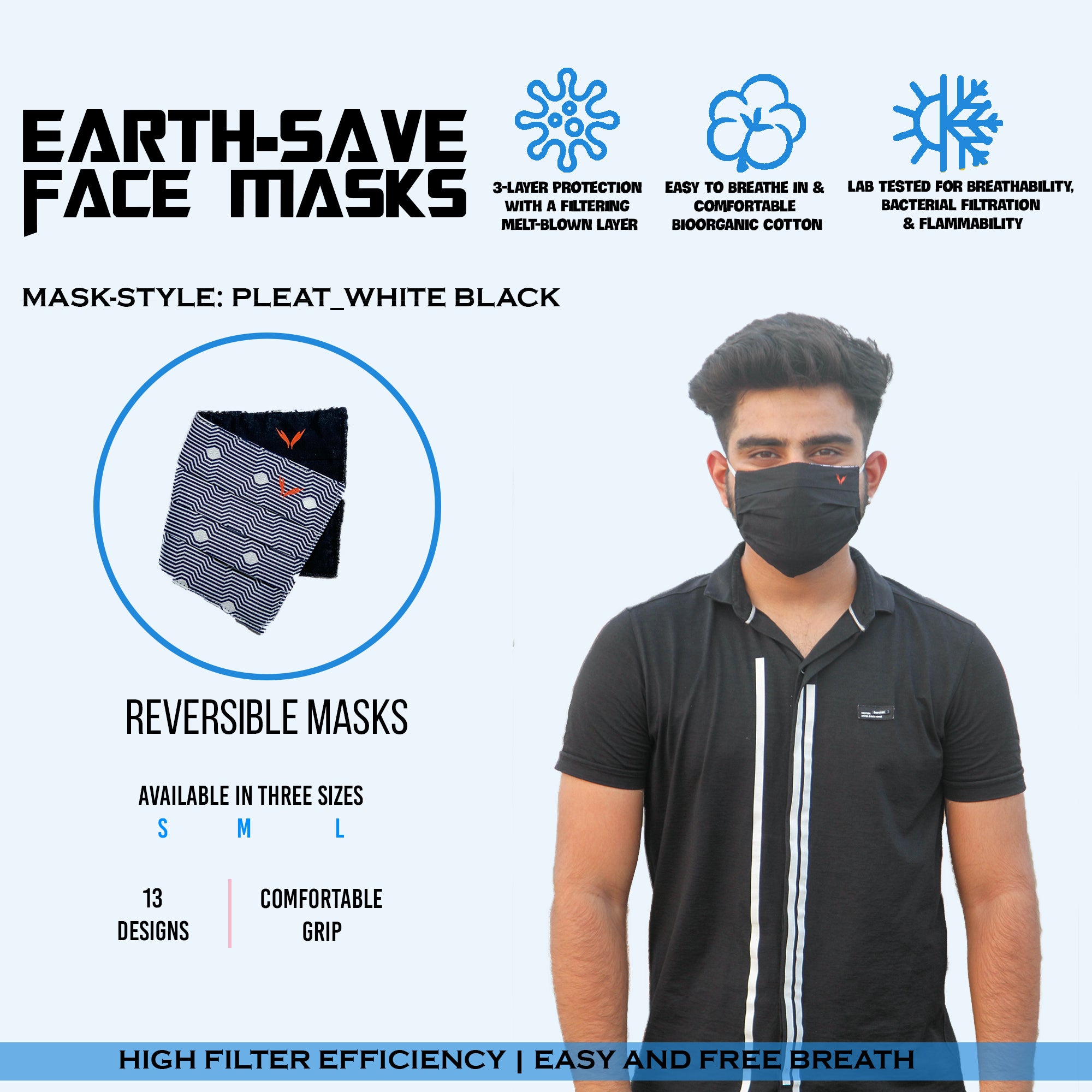 Earth Save 3Pleats Double Sided Face Mask White And Black Large