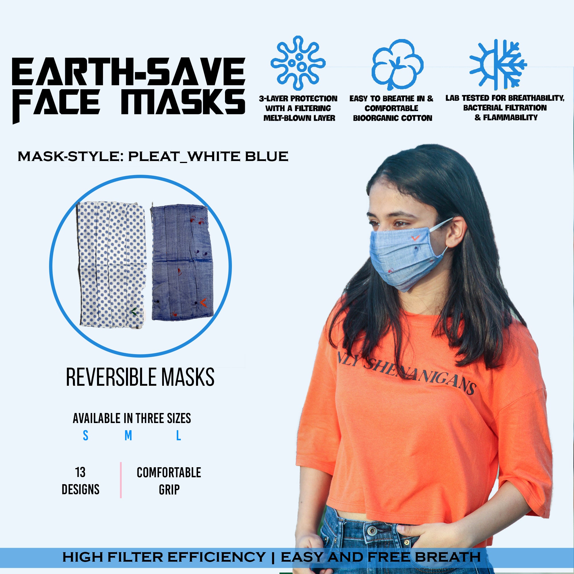 Earth Save 3Pleats Double Sided Face Mask White And Blue Large