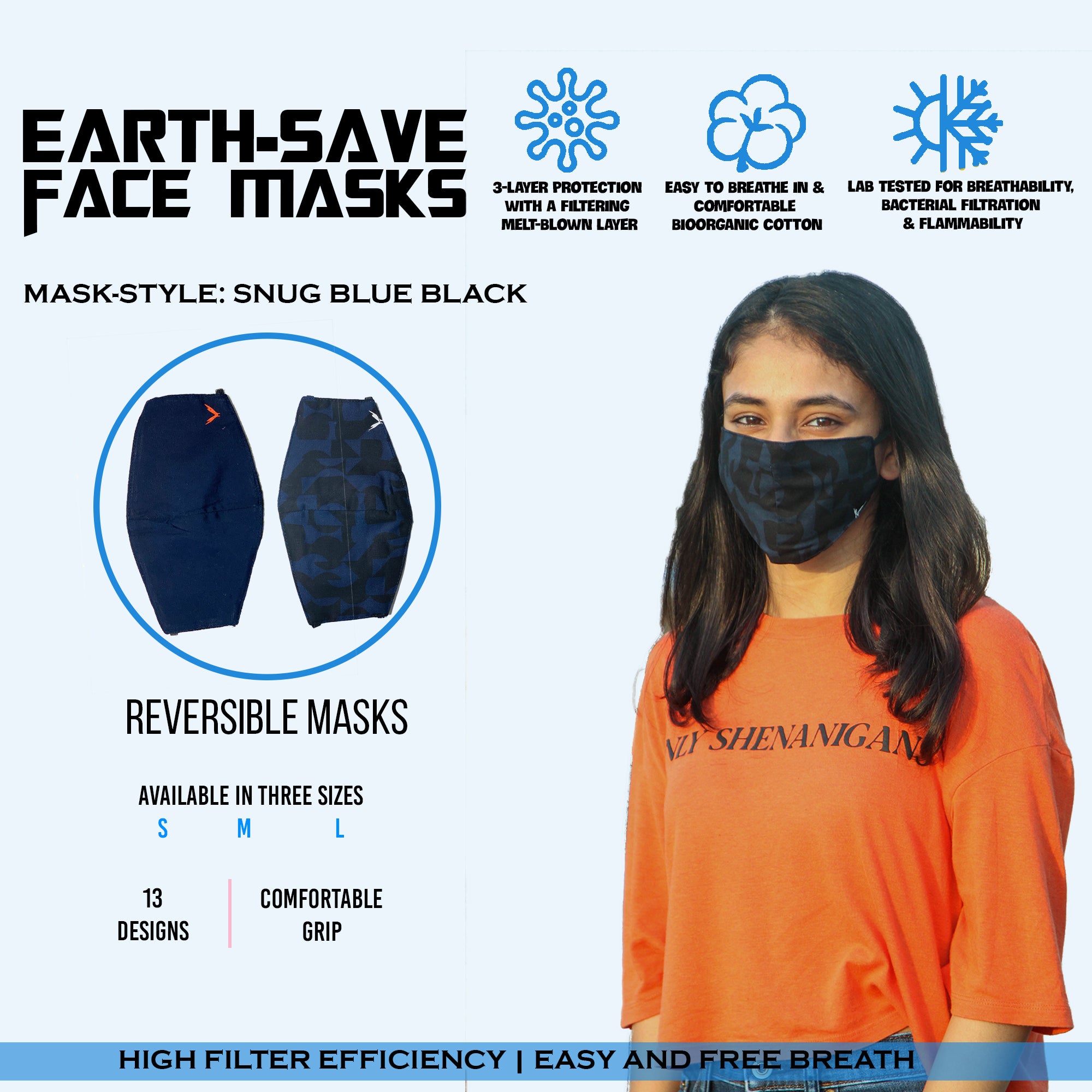 Earth Save Snug Double Sided Face Mask Blue And Black Large