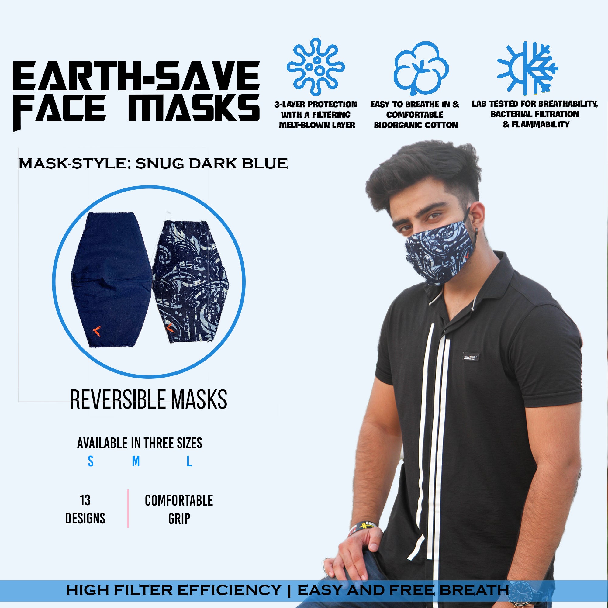 Earth Save Snug Double Sided Face Mask Dark Blue Large