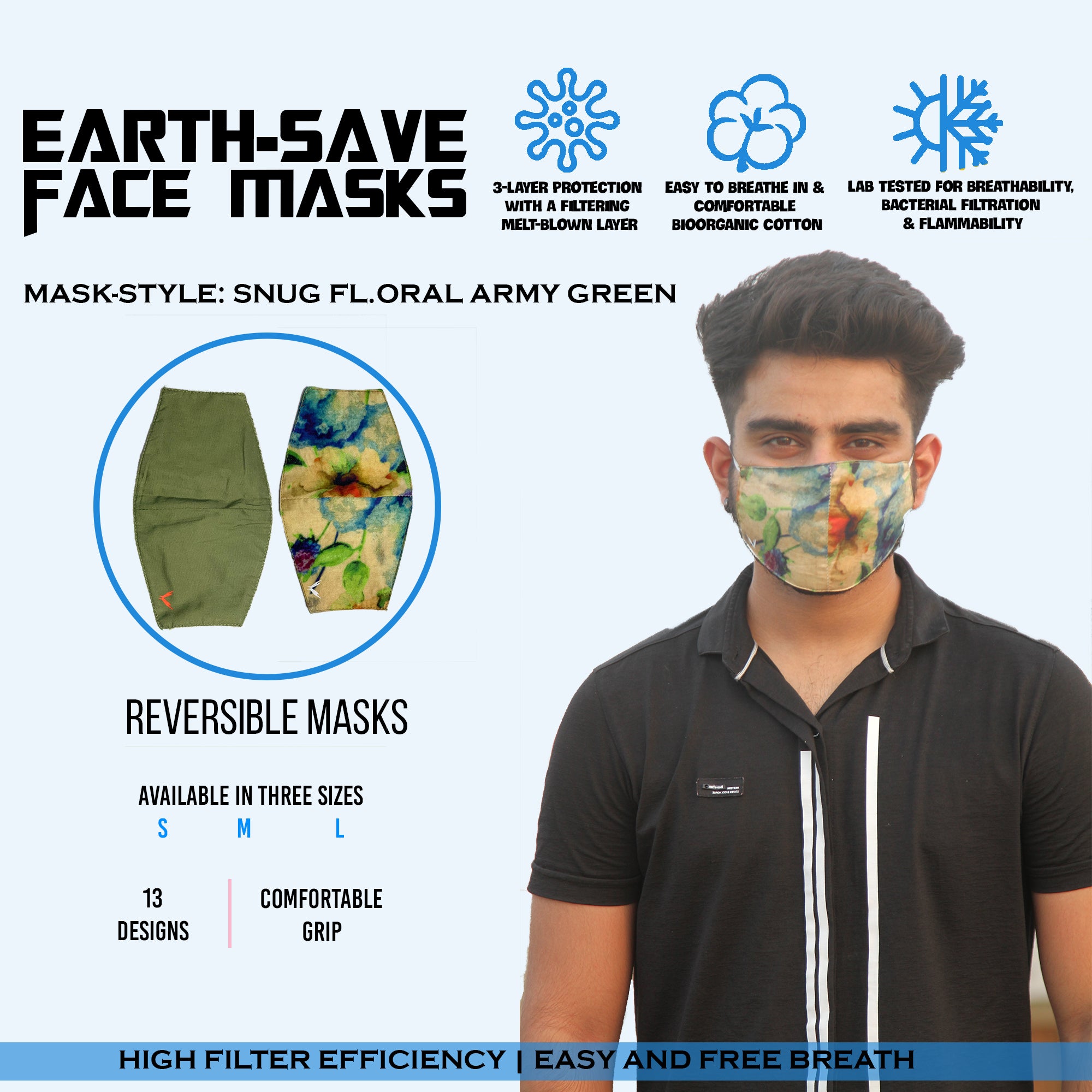 Earth Save Snug Double Sided Face Mask Floral Army Green Light Large