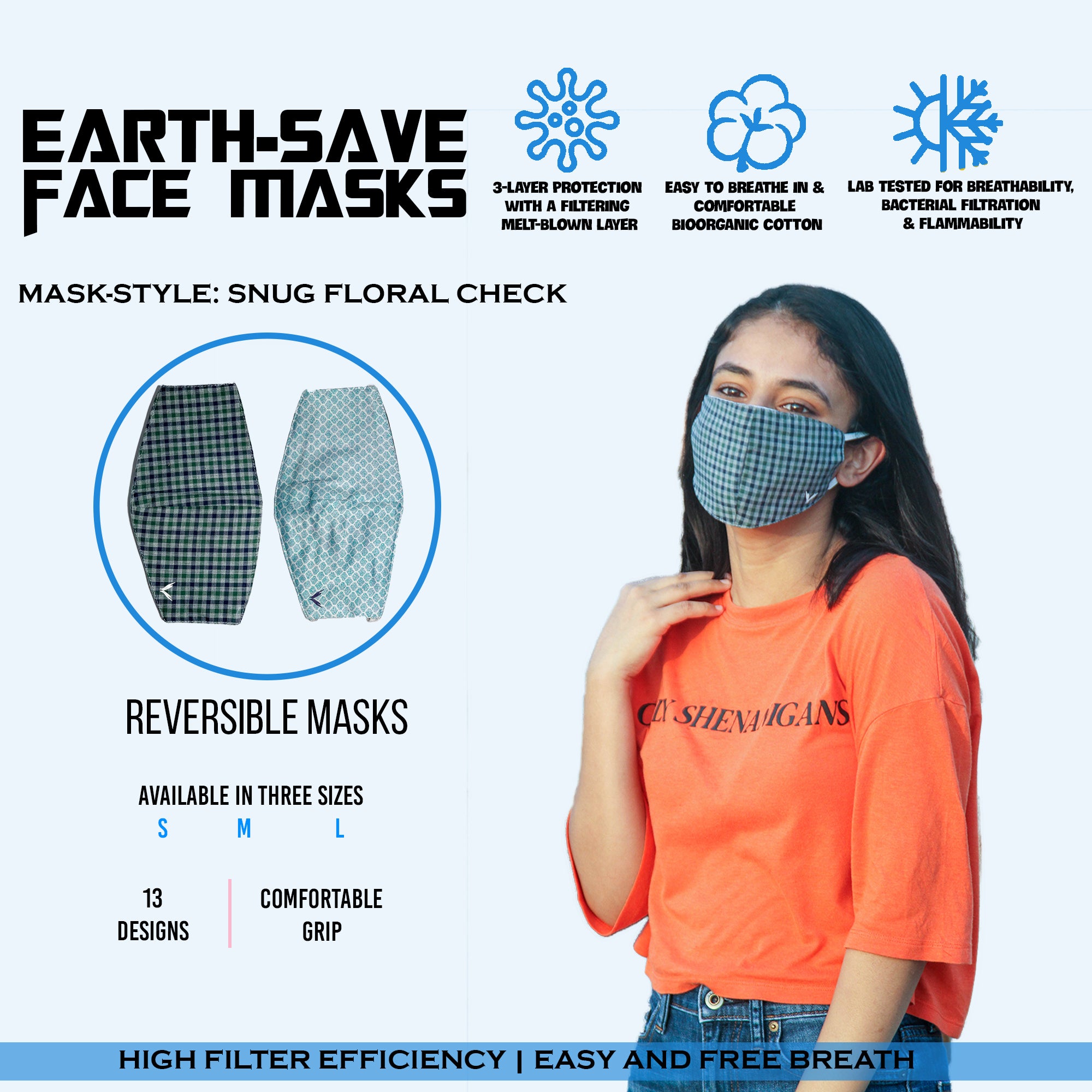 Earth Save Snug Double Sided Face Mask Floral And Check Large