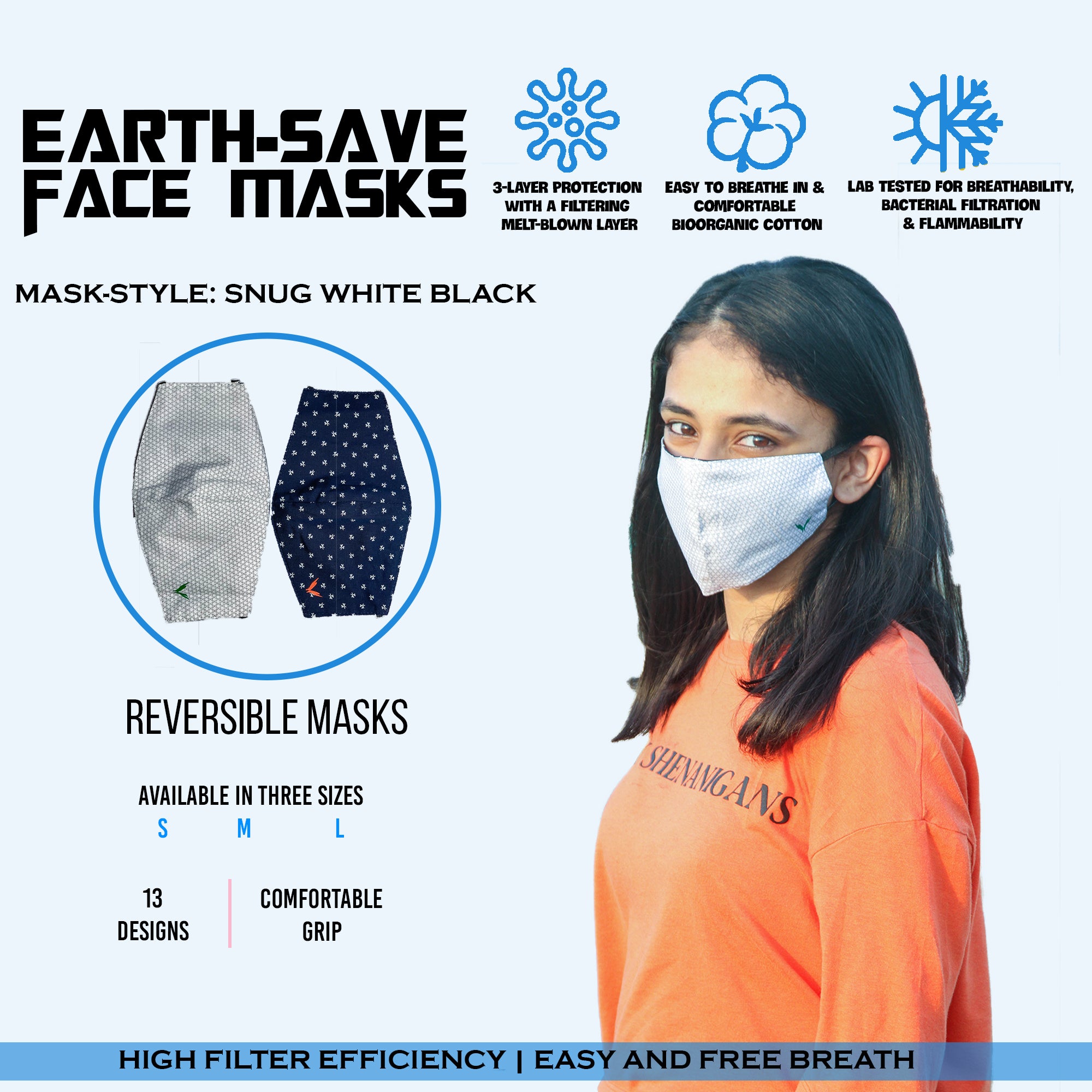 Earth Save Snug Double Sided Face Mask White And Black Large