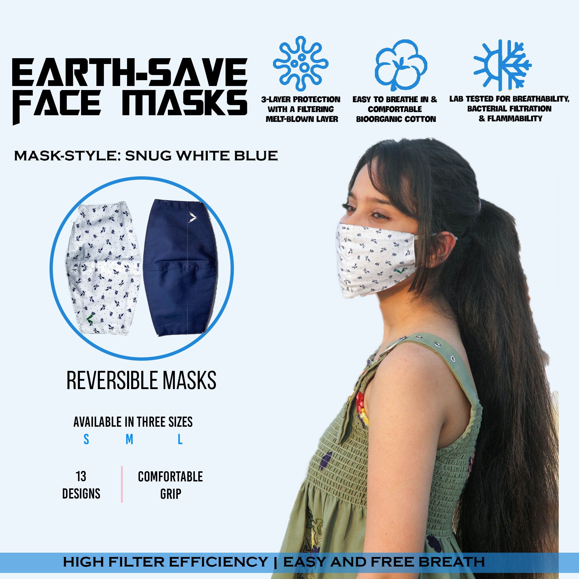 Earth Save Snug Double Sided Face Mask White And Blue Large